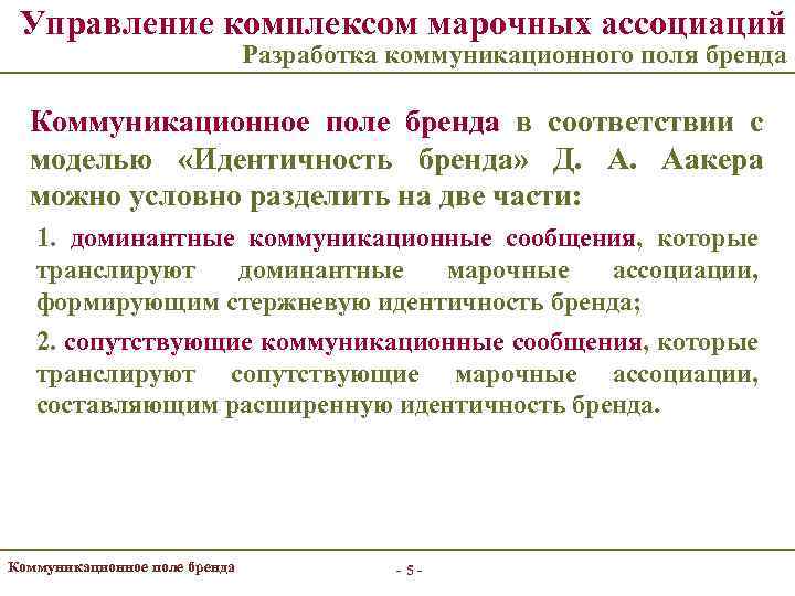 Управление комплексом марочных ассоциаций Разработка коммуникационного поля бренда Коммуникационное поле бренда в соответствии с