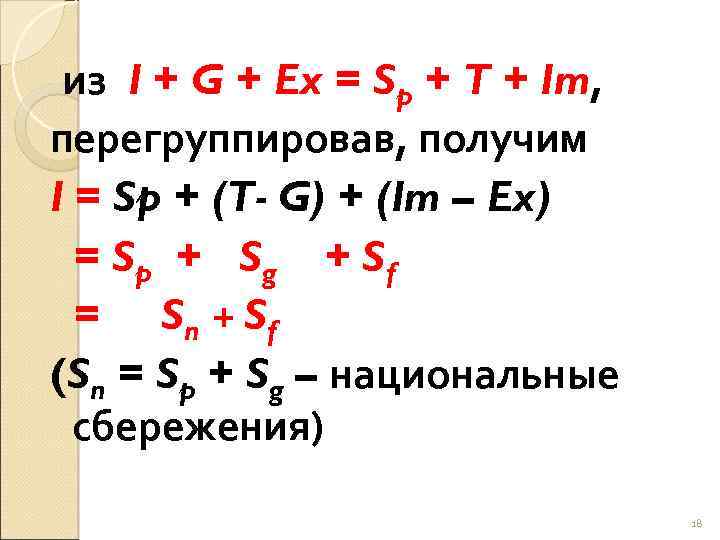 из I + G + Ex = Sp + T + Im, перегруппировав, получим