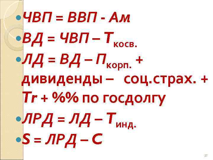  ЧВП = ВВП Ам ВД = ЧВП – Tкосв. ЛД = ВД –