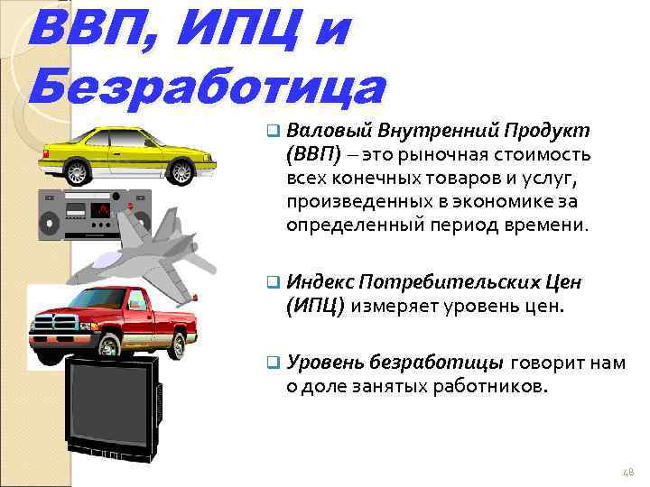 ВВП, ИПЦ и Безработица q Валовый Внутренний Продукт (ВВП) – это рыночная стоимость всех