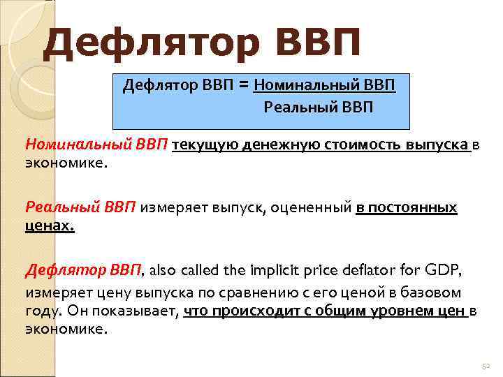 Дефлятор ВВП = Номинальный ВВП Реальный ВВП Номинальный ВВП текущую денежную стоимость выпуска в