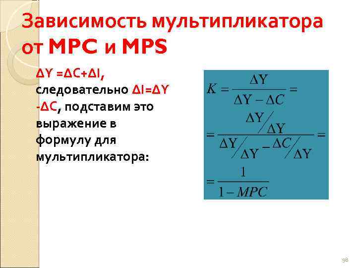 Зависимость мультипликатора от MPC и MPS ΔΥ =ΔС+ΔΙ, следовательно ΔΙ=ΔΥ ΔС, подставим это выражение