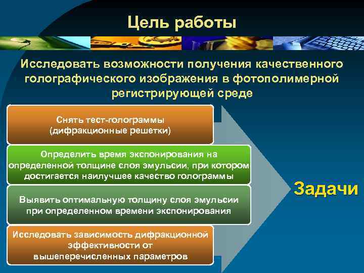 Цель работы Исследовать возможности получения качественного голографического изображения в фотополимерной регистрирующей среде Снять тест-голограммы
