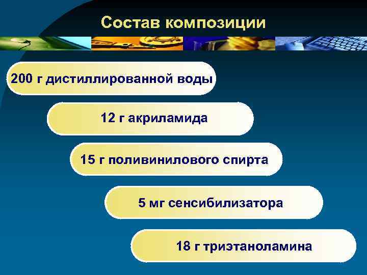 Состав композиции 200 г дистиллированной воды 12 г акриламида 15 г поливинилового спирта 5