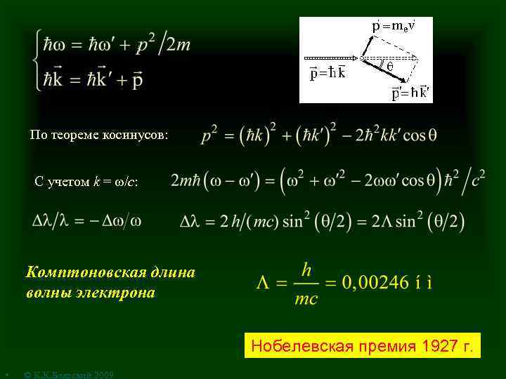 По теореме косинусов: С учетом k = /c: Комптоновская длина волны электрона Нобелевская премия