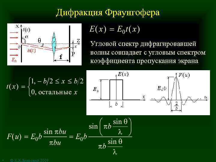 Дифракция Фраунгофера Угловой спектр дифрагировавшей волны совпадает с угловым спектром коэффициента пропускания экрана •