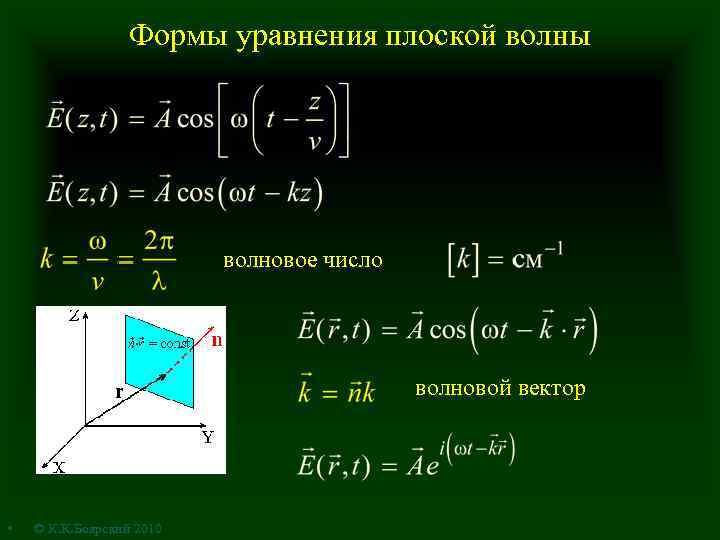 Формы уравнения плоской волны волновое число волновой вектор • © К. К. Боярский 2010