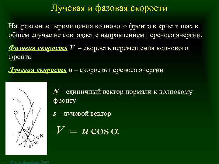 Лучевая и фазовая скорости Направление перемещения волнового фронта в кристаллах в общем случае не