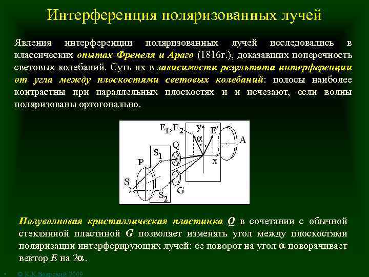 Интерференция поляризованных лучей Явления интерференции поляризованных лучей исследовались в классических опытах Френеля и Араго