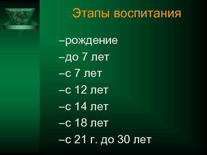 Этапы воспитания – рождение – до 7 лет – с 12 лет – с