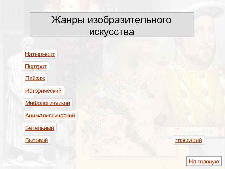 Жанры изобразительного искусства Натюрморт Портрет Пейзаж Исторический Мифологический Анималистический Батальный Бытовой глоссарий На главную