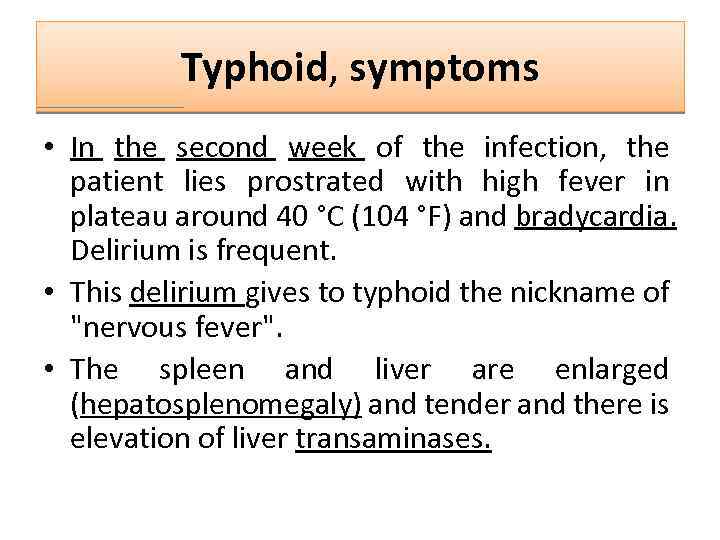 Typhoid, symptoms • In the second week of the infection, the patient lies prostrated