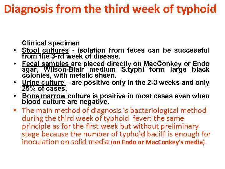 Diagnosis from the third week of typhoid • • Clinical specimen Stool cultures -