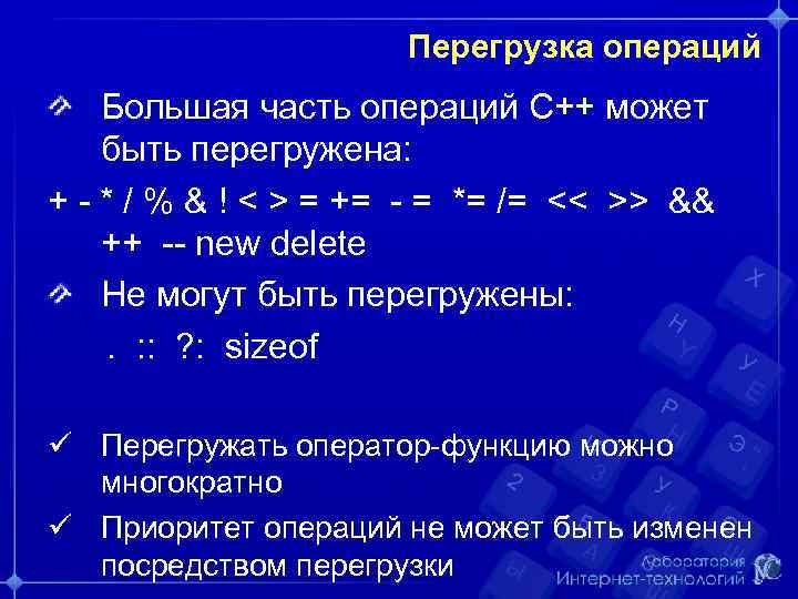 Перегрузка операций Большая часть операций С++ может быть перегружена: + - * / %