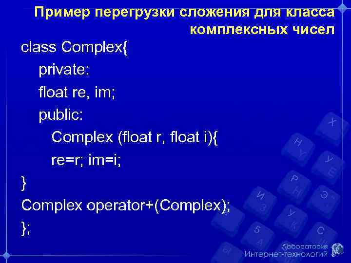 Пример перегрузки сложения для класса комплексных чисел class Complex{ private: float re, im; public:
