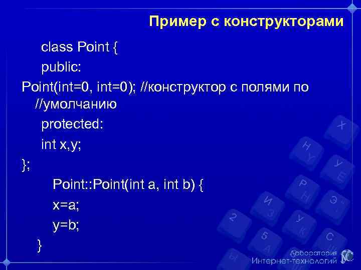Пример с конструкторами class Point { public: Point(int=0, int=0); //конструктор с полями по //умолчанию