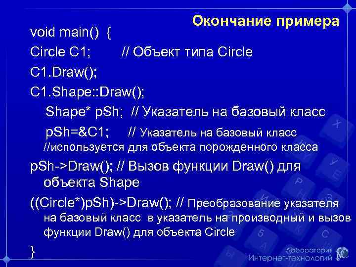 Окончание примера void main() { Circle C 1; // Объект типа Circle C 1.