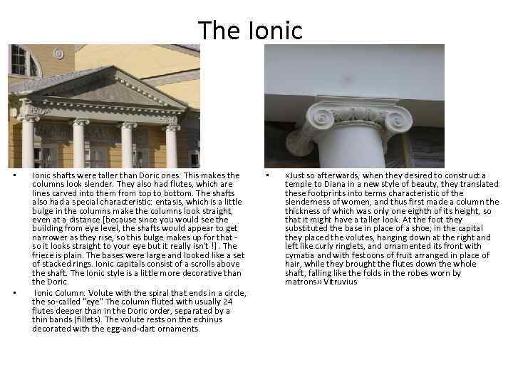 The Ionic • • Ionic shafts were taller than Doric ones. This makes the
