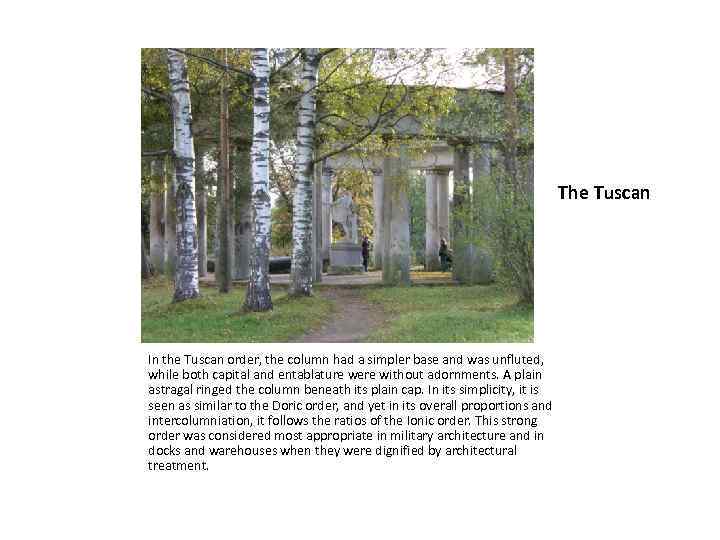 The Tuscan In the Tuscan order, the column had a simpler base and was