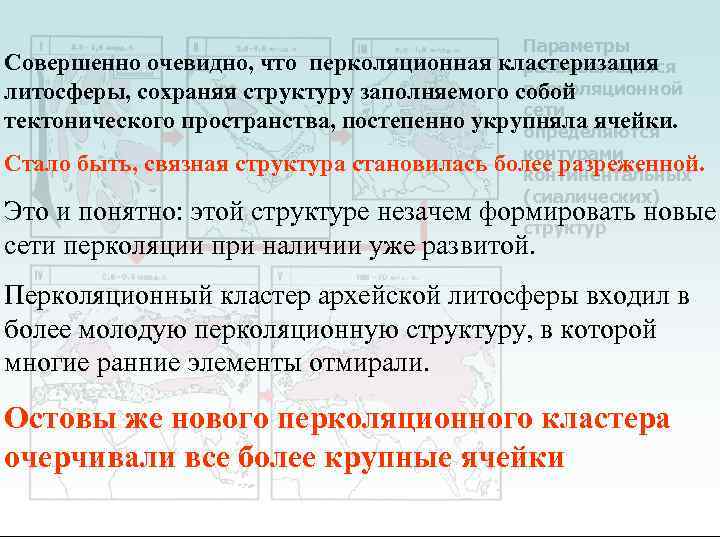 Параметры Совершенно очевидно, что перколяционная кластеризация развивающейся перколяционной литосферы, сохраняя структуру заполняемого собой сети