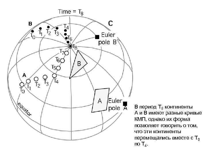 В А В период Т 8 континенты А и В имеют разные кривые КМП,