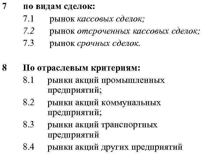 7 по видам сделок: 7. 1 рынок кассовых сделок; 7. 2 рынок отсроченных кассовых