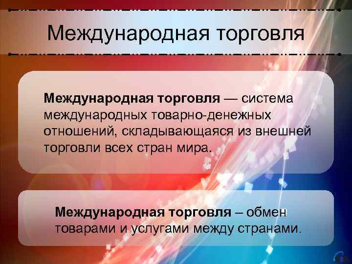 Международная торговля — система международных товарно-денежных отношений, складывающаяся из внешней торговли всех стран мира.
