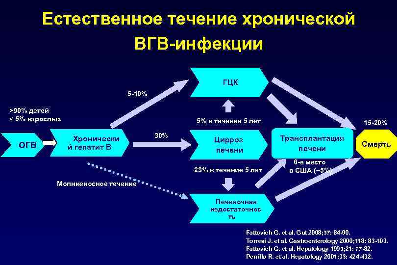 Естественное течение хронической ВГВ-инфекции ГЦК 5 -10% >90% детей < 5% взрослых ОГВ 5%