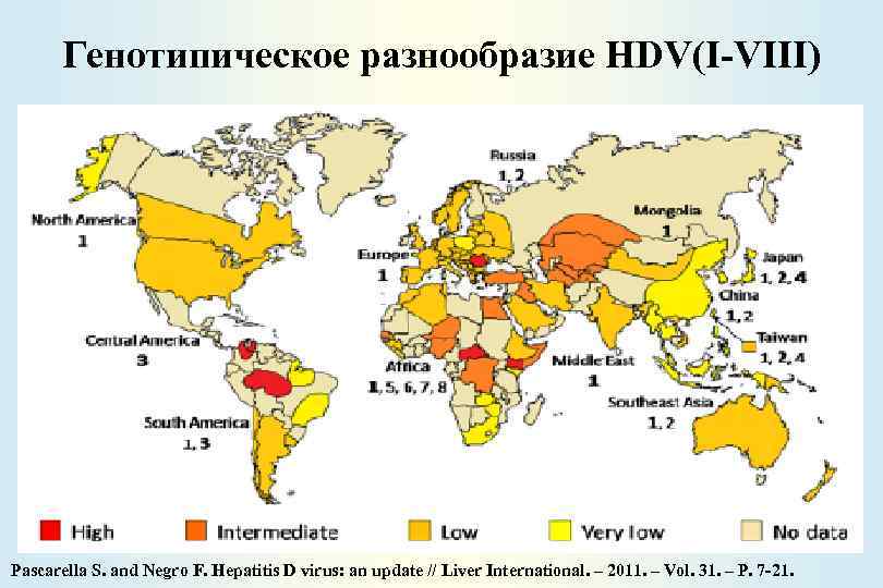 Генотипическое разнообразие HDV(I-VIII) Pascarella S. and Negro F. Hepatitis D virus: an update //