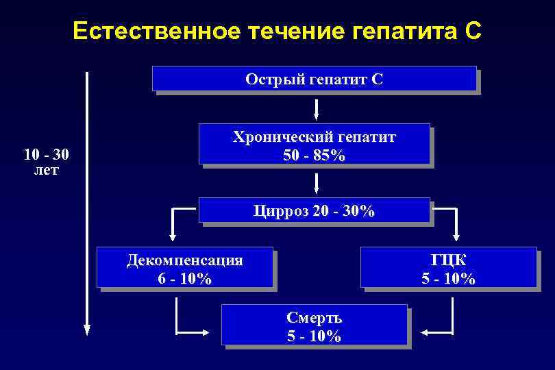 Естественное течение гепатита С Острый гепатит C 10 - 30 лет Хронический гепатит 50