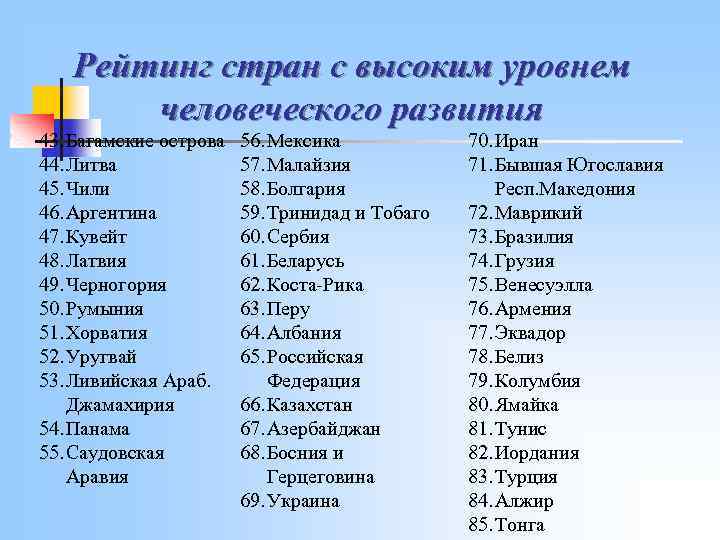 Рейтинг стран с высоким уровнем человеческого развития 43. Багамские острова 44. Литва 45. Чили