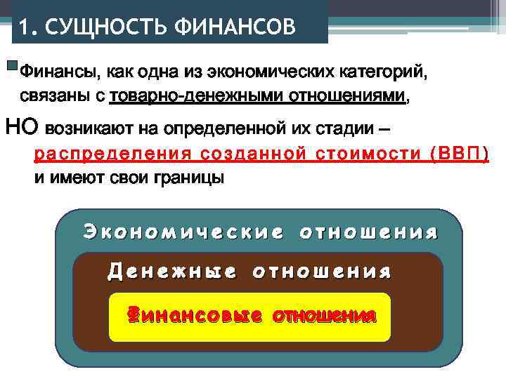 1. СУЩНОСТЬ ФИНАНСОВ §Финансы, как одна из экономических категорий, связаны с товарно-денежными отношениями, НО