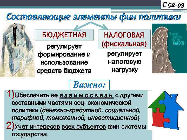 С 92 -93 Составляющие элементы фин политики БЮДЖЕТНАЯ регулирует формирование и использование средств бюджета