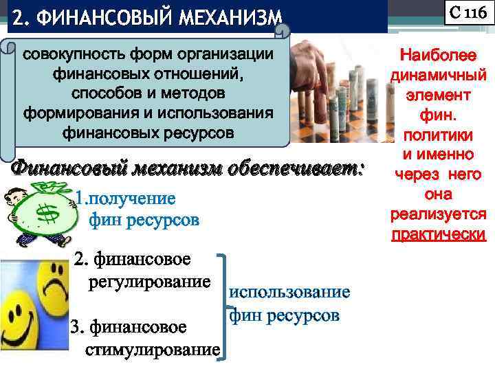 2. ФИНАНСОВЫЙ МЕХАНИЗМ С 116 совокупность форм организации финансовых отношений, способов и методов формирования