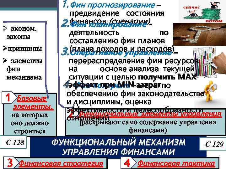 1. Фин прогнозирование – предвидение состояния 2. финансов (сценарии)Фин планирование деятельность по составлению фин