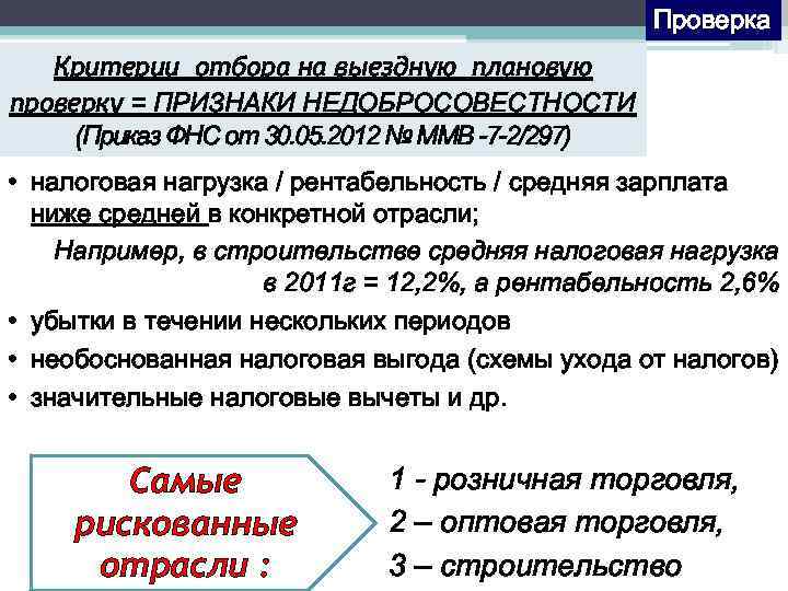 Проверка Критерии отбора на выездную плановую проверку = ПРИЗНАКИ НЕДОБРОСОВЕСТНОСТИ (Приказ ФНС от 30.