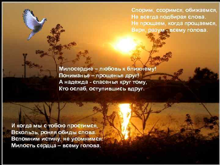 Спорим, ссоримся, обижаемся, Не всегда подбирая слова. Не прощаем, когда прощаемся, Веря, разум -