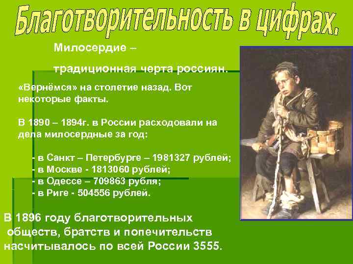 Милосердие – традиционная черта россиян. «Вернёмся» на столетие назад. Вот некоторые факты. В 1890