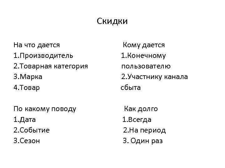 Скидки На что дается 1. Производитель 2. Товарная категория 3. Марка 4. Товар Кому