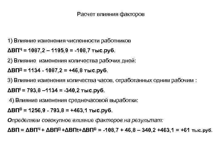 Расчет влияния факторов 1) Влияние изменения численности работников ΔВПЧ = 1087, 2 – 1195,