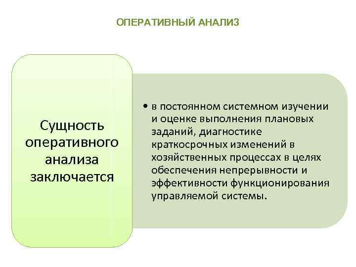 ОПЕРАТИВНЫЙ АНАЛИЗ Сущность оперативного анализа заключается • в постоянном системном изучении и оценке выполнения