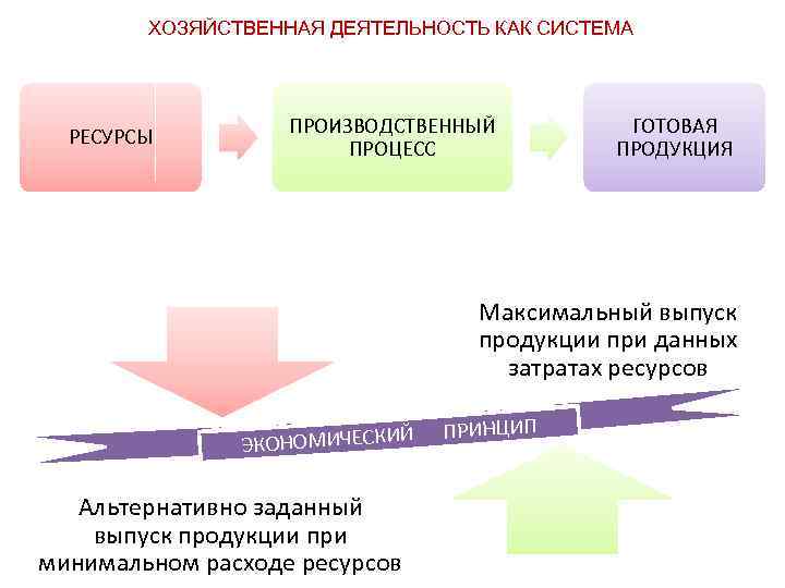 ХОЗЯЙСТВЕННАЯ ДЕЯТЕЛЬНОСТЬ КАК СИСТЕМА РЕСУРСЫ ПРОИЗВОДСТВЕННЫЙ ПРОЦЕСС ГОТОВАЯ ПРОДУКЦИЯ Максимальный выпуск продукции при данных