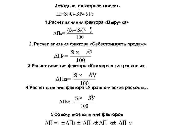 Исходная факторная модель 1. Расчет влияния фактора «Выручка» 2. Расчет влияния фактора «Себестоимость продаж»