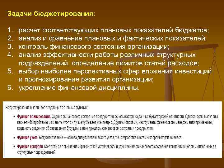 Задачи бюджетирования: 1. 2. 3. 4. расчет соответствующих плановых показателей бюджетов; анализ и сравнение
