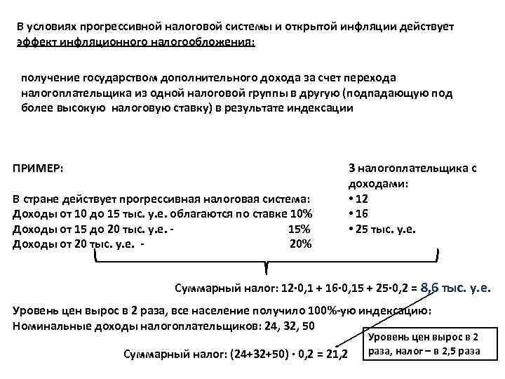 В условиях прогрессивной налоговой системы и открытой инфляции действует эффект инфляционного налогообложения: получение государством