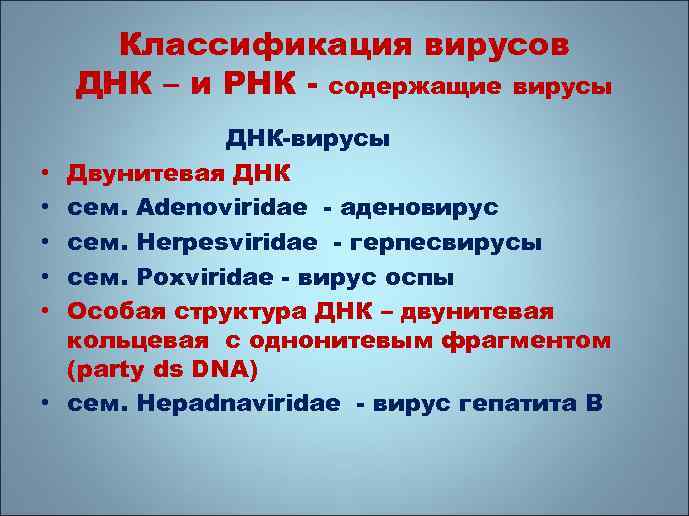 Классификация вирусов ДНК – и РНК - содержащие вирусы • • • ДНК-вирусы Двунитевая