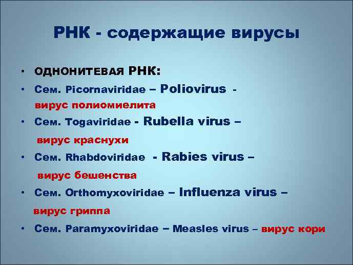 РНК - содержащие вирусы • ОДНОНИТЕВАЯ РНК: • Сем. Picornaviridae – Poliovirus вирус полиомиелита