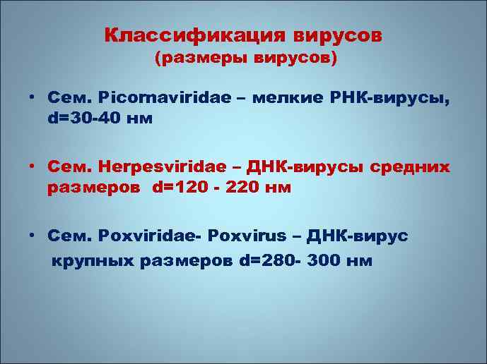 Классификация вирусов (размеры вирусов) • Сем. Picornaviridae – мелкие РНК-вирусы, d=30 -40 нм •