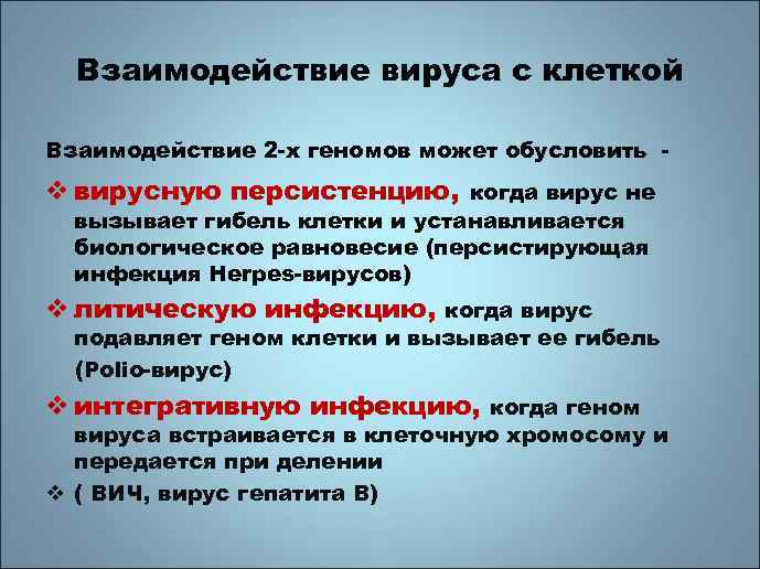 Взаимодействие вируса с клеткой Взаимодействие 2 -х геномов может обусловить - v вирусную персистенцию,