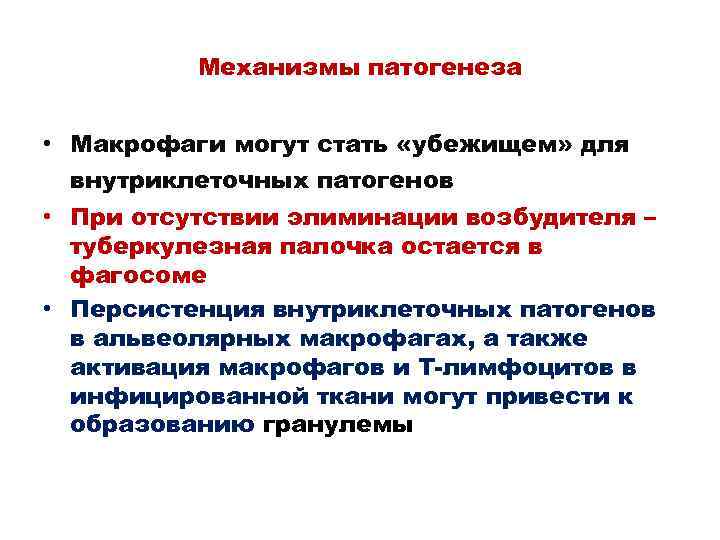 Механизмы патогенеза • Макрофаги могут стать «убежищем» для внутриклеточных патогенов • При отсутствии элиминации